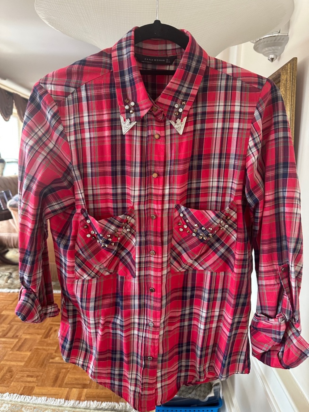 Zara Red Plaid Studded Western-Style Button Down Shirt
